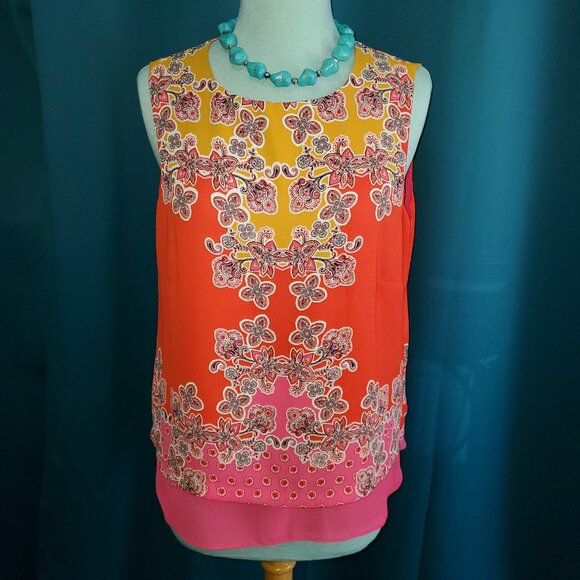 Rose & Olive Orange & Pink Floral Sheer Blouse - M - Picture 1 of 7